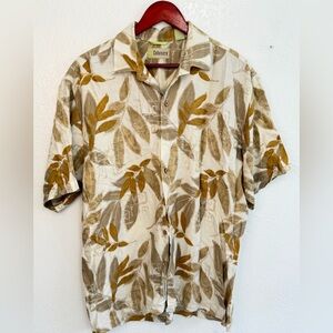 Cubavera Men’s Tropical Linen Blend Button Shirt Beige Brown Print L